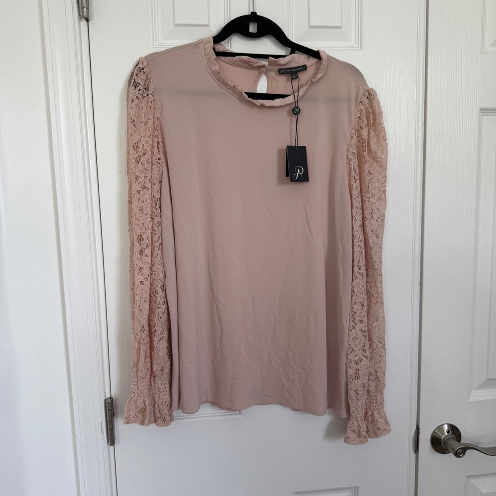 Adrianna Papell Champagne Ruffle Neck and Cuff Lace Sleeve Blouse Women's XL NWT